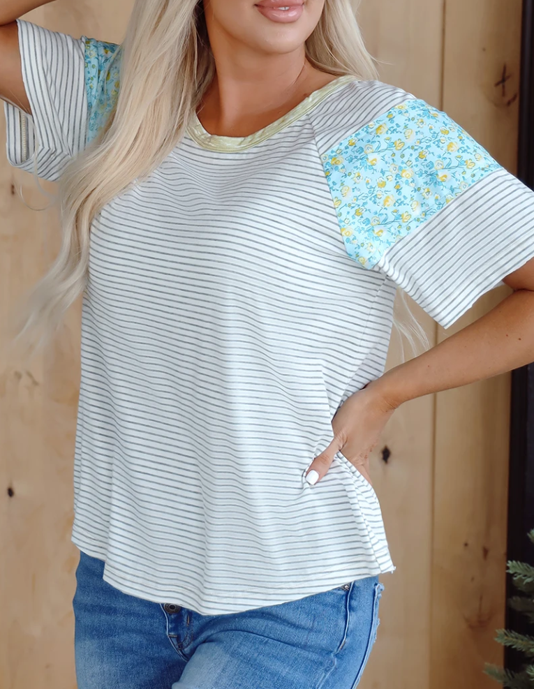 White Stripe Floral Insert Sleeves Contrast Round Neck Tee