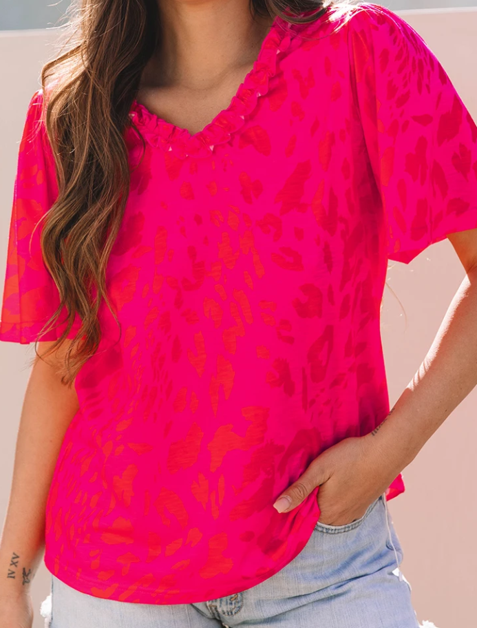 Rose Leopard Frilly V Neck Short Sleeve Blouse