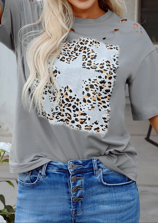 Medium Grey Stars Leopard Graphic Distressed Tee