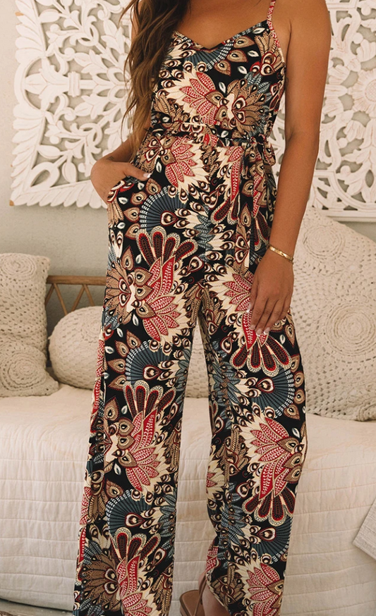Black Floral Print Belted Sleeveless Wide Leg Jumpsuit