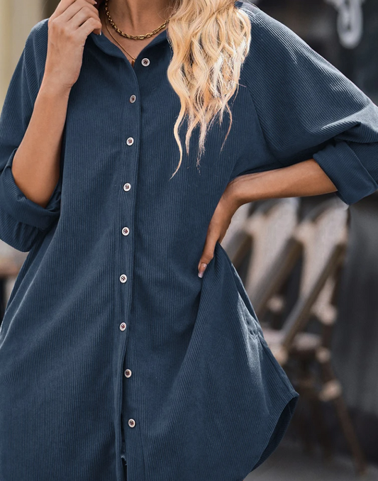 Corduroy Shirt Style Full Button Long Sleeve Shift Mini Dress