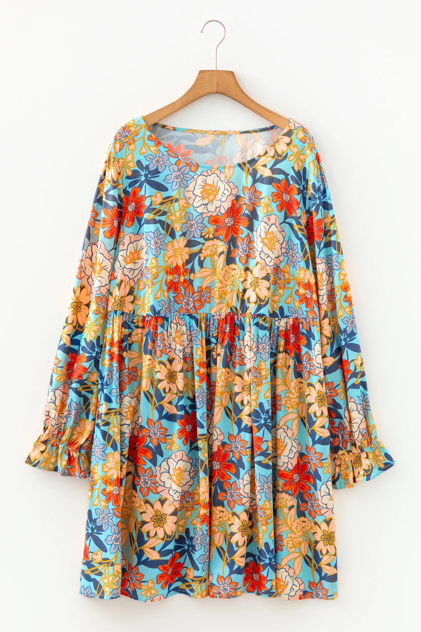 Blue Plus Size Floral Ruffled Long Sleeve Flowy Mini Dress