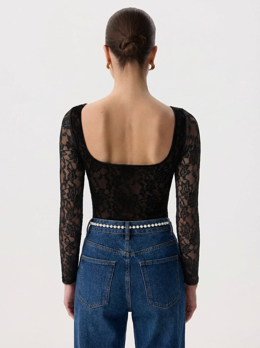 Women's Sheer Blouse Lace Long Sleeve Fitted U Neck Top