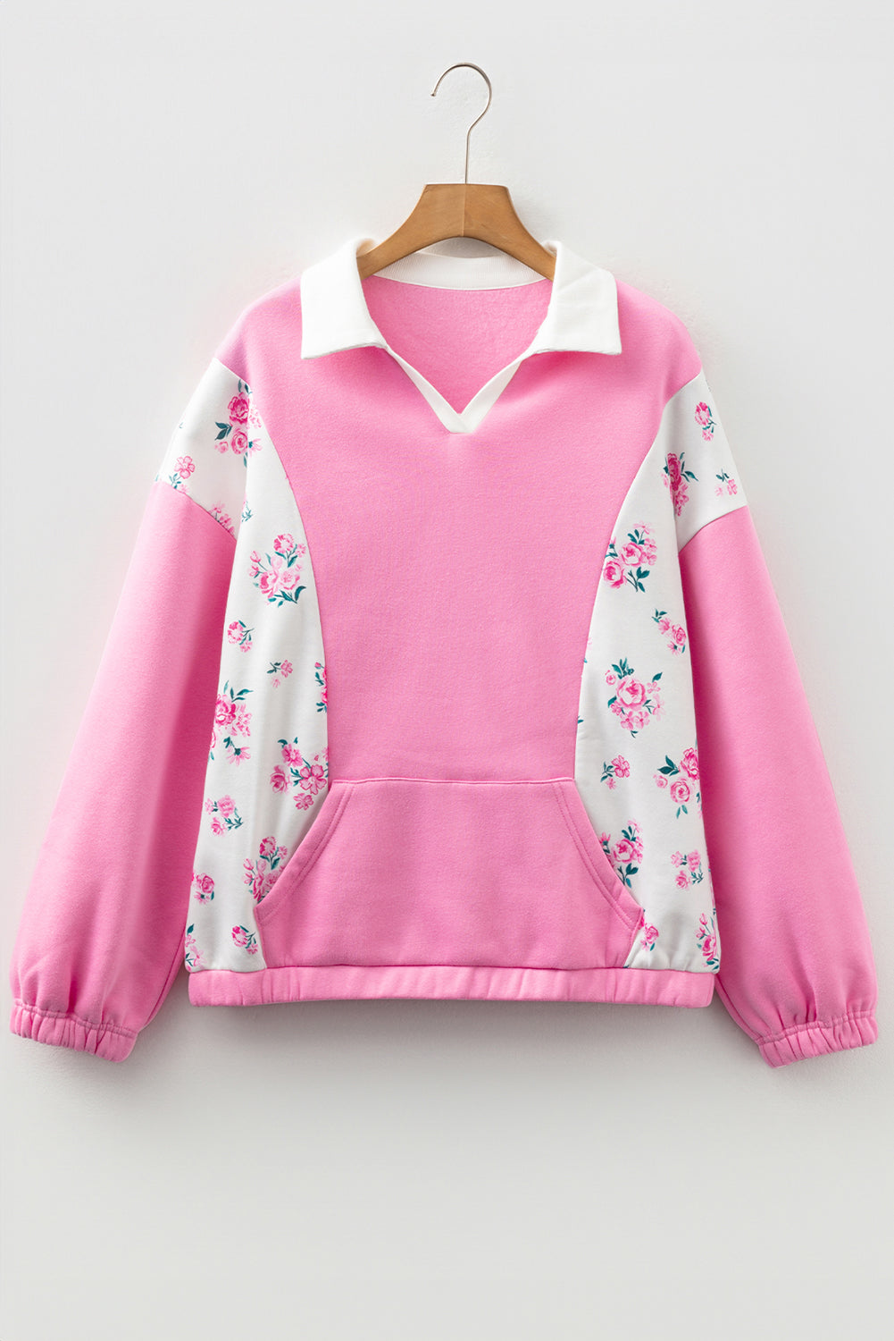 Bonbon Colorblock Polo Collar Floral Patchwork Puff Sleeve Top