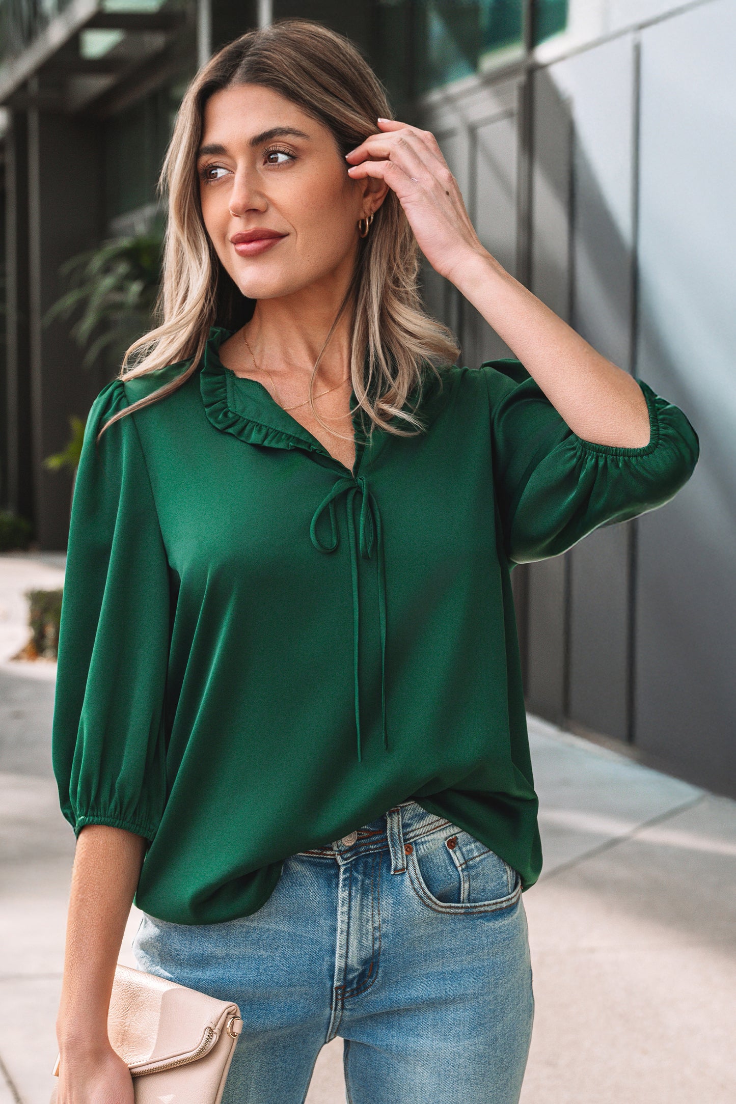 Fiery Red Solid Color Frilled V Neck Bow Detail 3/4 Sleeve Blouse