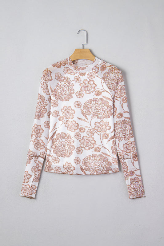 Brown Thumbhole Long Sleeve Floral Print Mesh Top