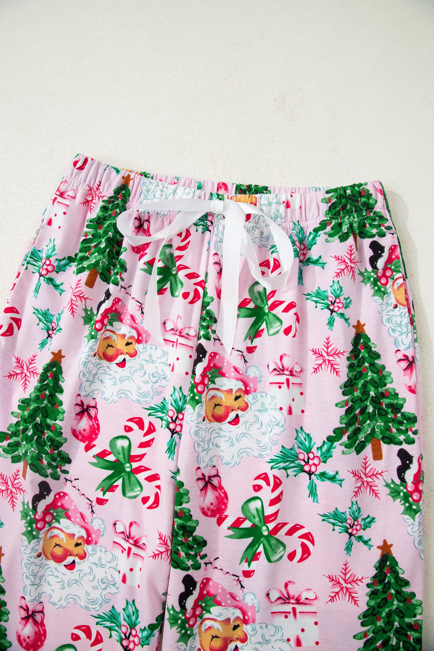 Pink Christmas Pattern Button V Neck Pullover Drawstring Pants 2pcs Lounge Set