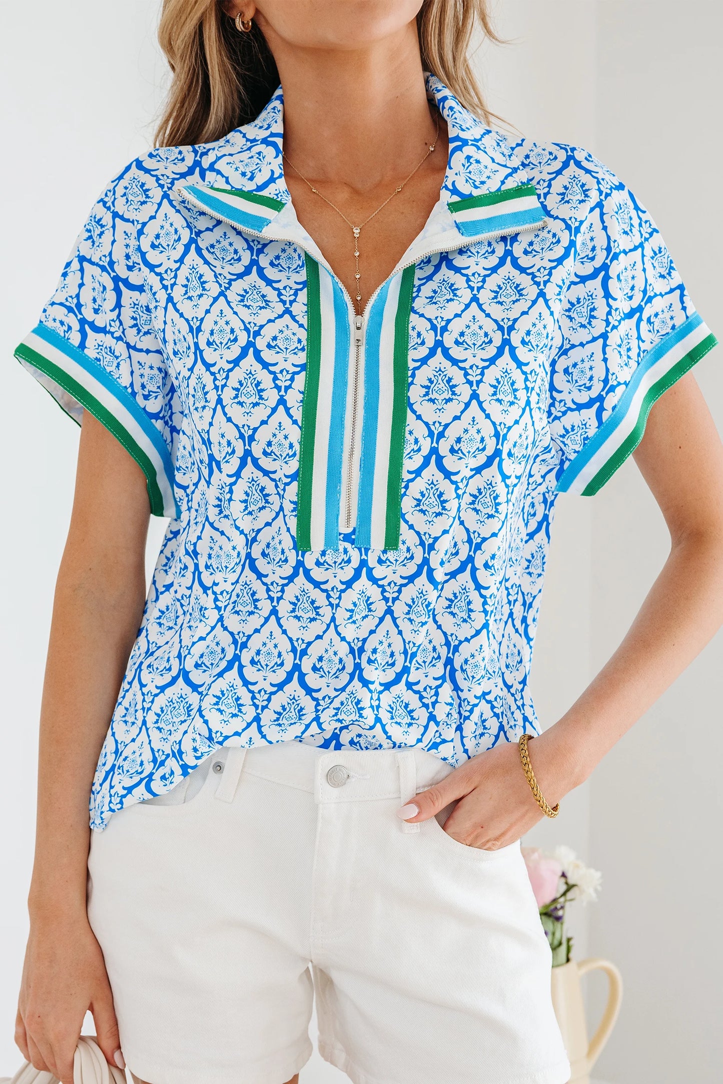 Pink Western Print Zipped Collar Short Sleeve Summer Blouse Top