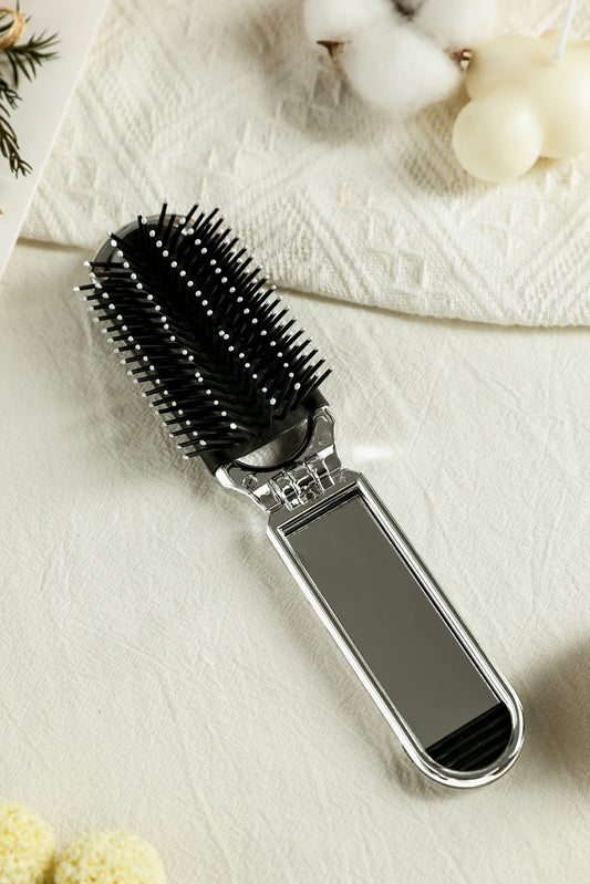 Black 1pc Portable Folding Travel Hair Brush with Mini Mirror