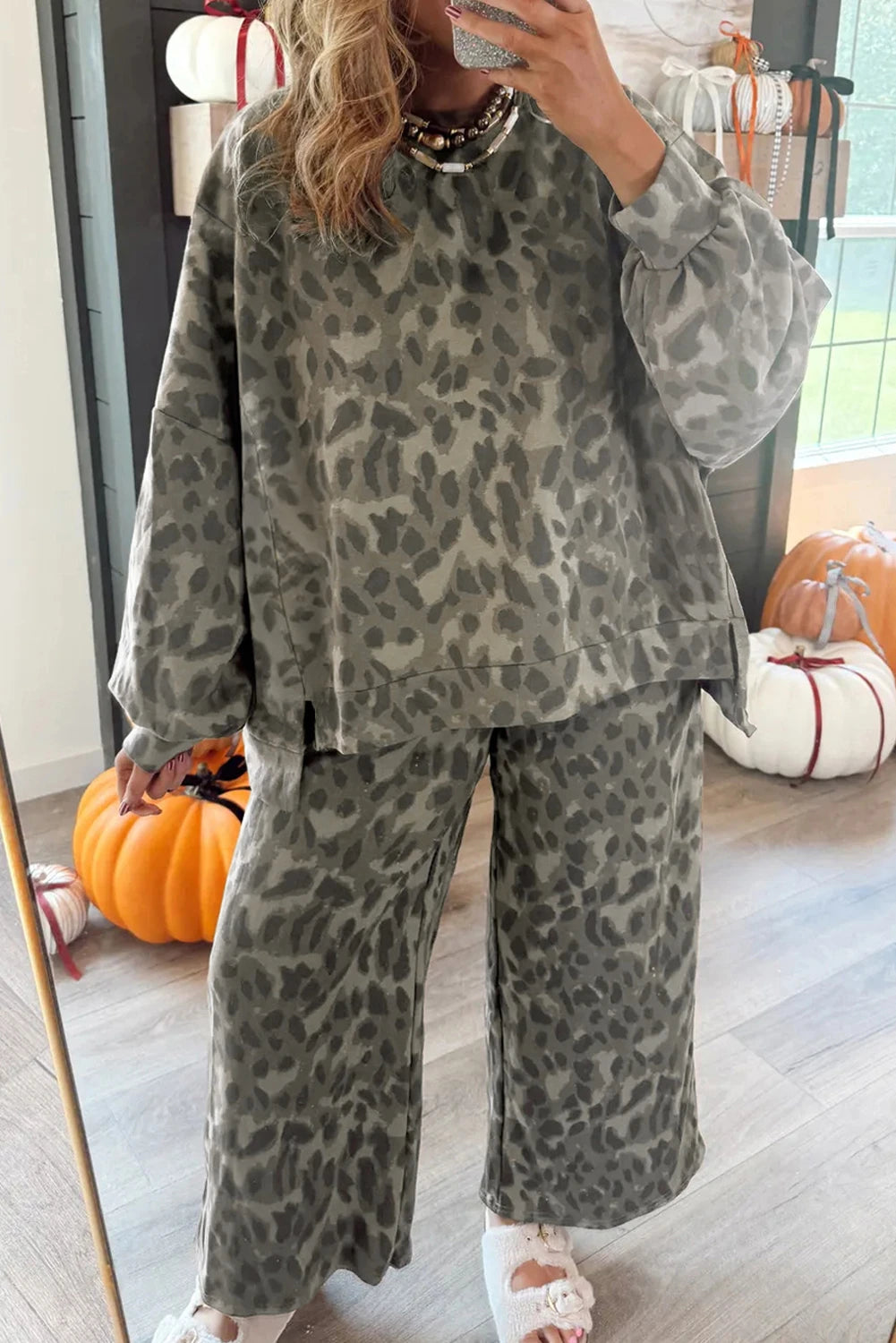 Brown Leopard Print Raw Seam Patchwork Pullover Drawstring Loose Pant Set