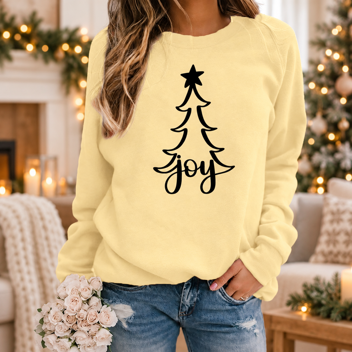 Womens Christmas Joy Tree Graphic Crewneck Sweatshirt