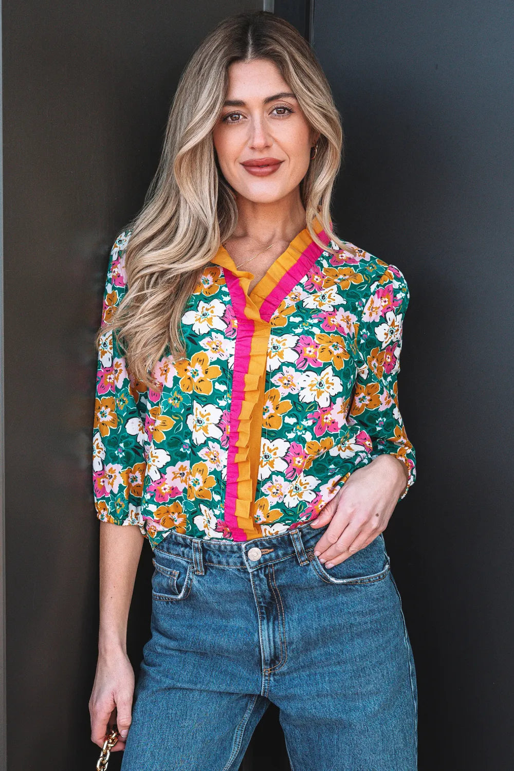 Green Floral Print Contrast Trim Frilled V Neck 3/4 Sleeve Blouse