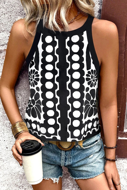 Black Abstract Dot Flower Print Tank Top