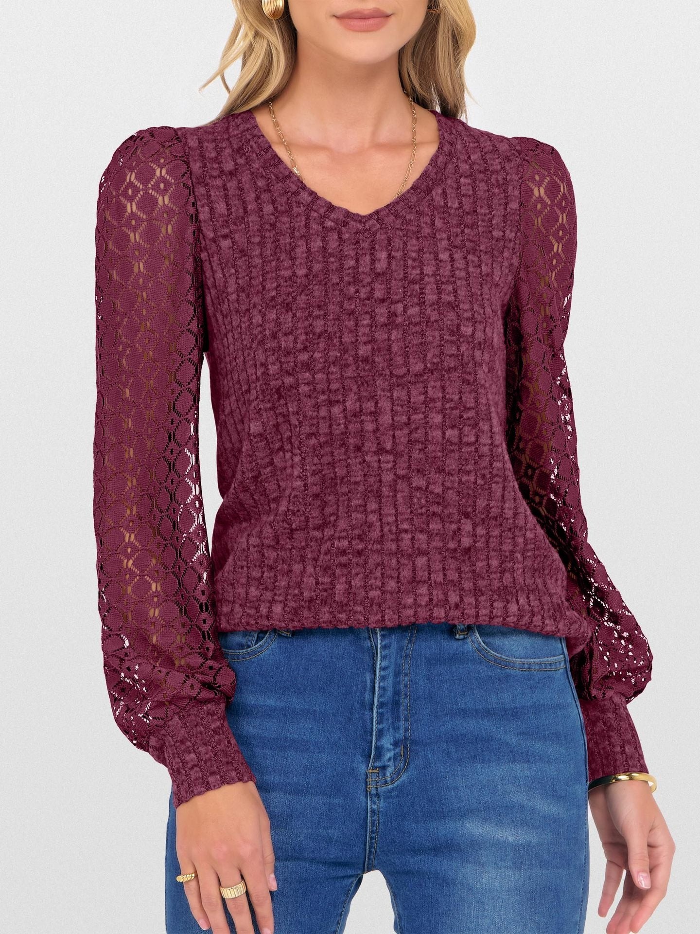V-Neck Knit Top with Lace Puff Long Sleeves