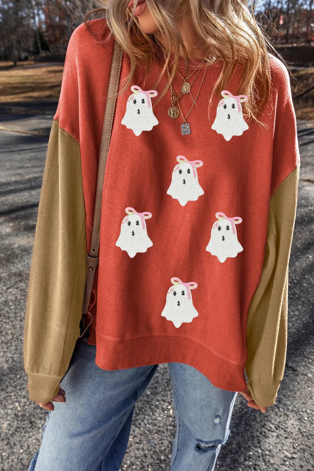 Gold Flame Glitter Ghost Patched Pattern Colorblock Sweatshirt