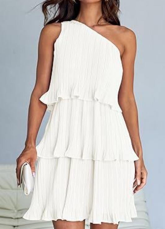 One Shoulder Tiered Pleated Ruffle Mini Dress for Summer