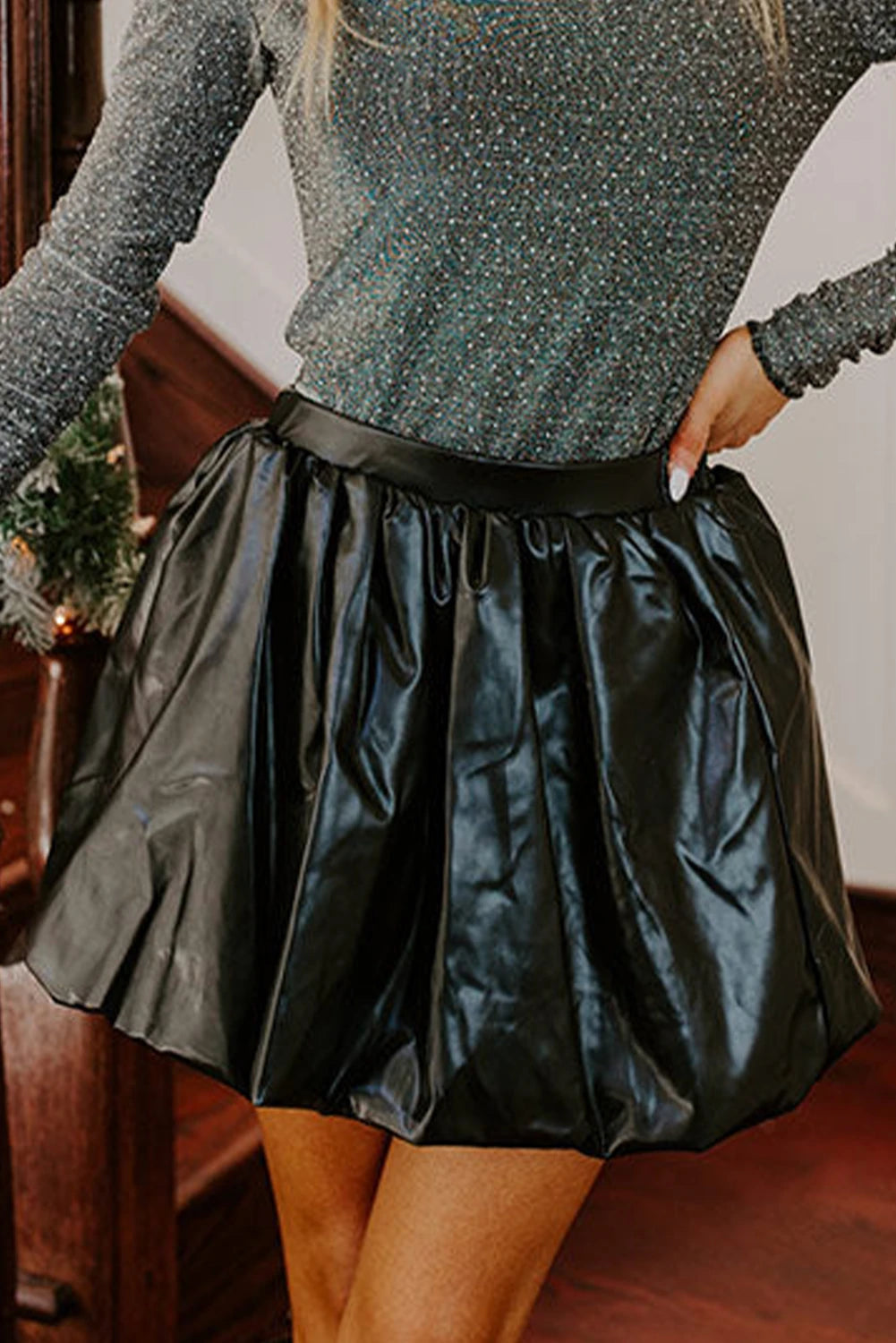 Black Faux Leather High Waist Puffy Mini Skirt