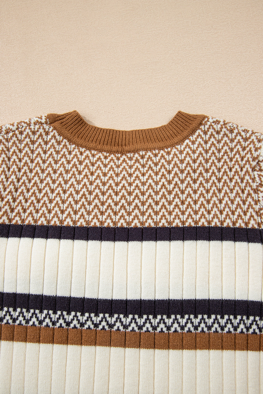 Brown Stripe Stylish Pattern Knitted Ribbed Trim Slim Sweater