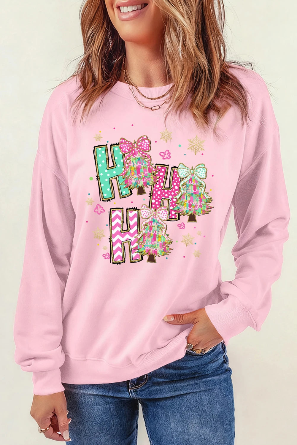 Pink HO HO HO Christmas Tree Graphic Pullover Sweatshirt