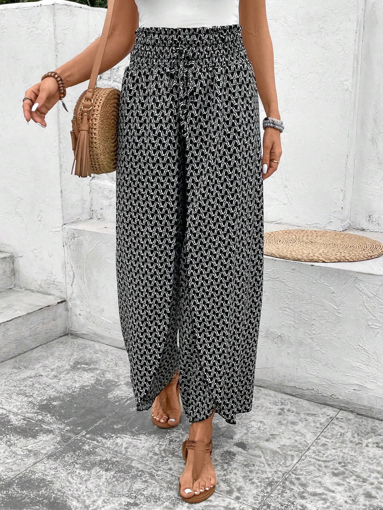 Bohemian Print Slit Wide Leg Smocked High Waist Pants