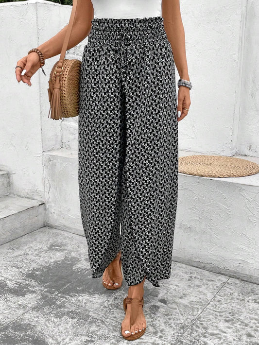 Bohemian Print Slit Wide Leg Smocked High Waist Pants
