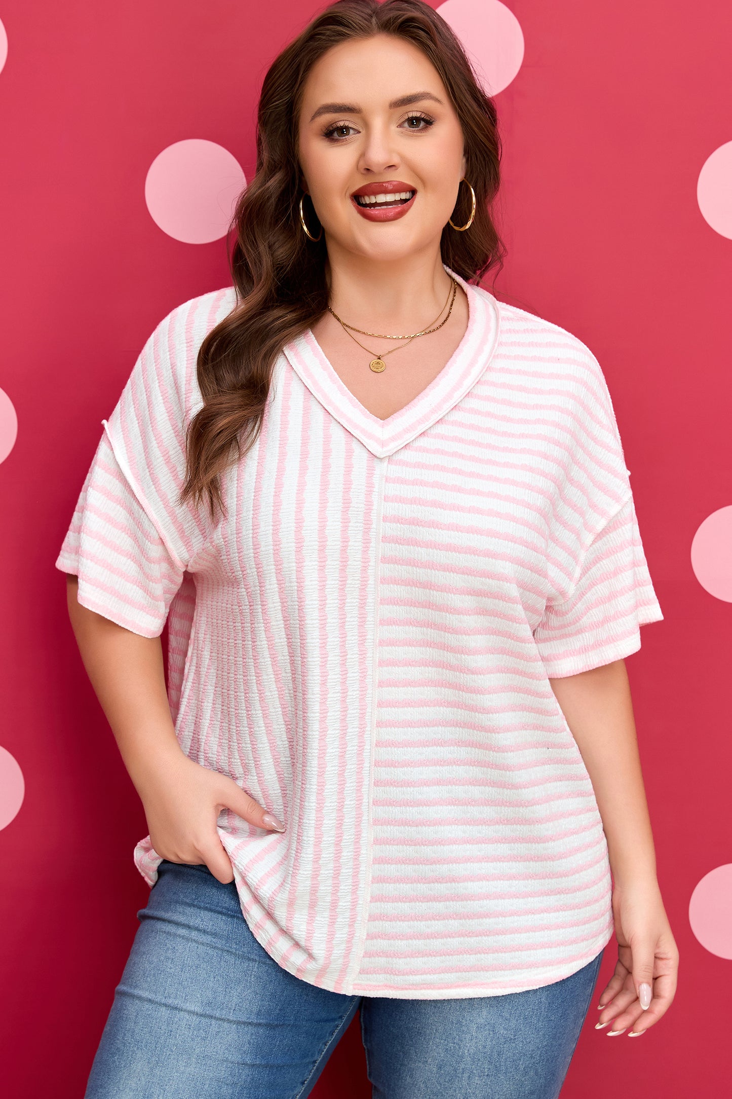 Pink Stripe Plus Size V Neck Exposed Seam Patchwork T Shirt