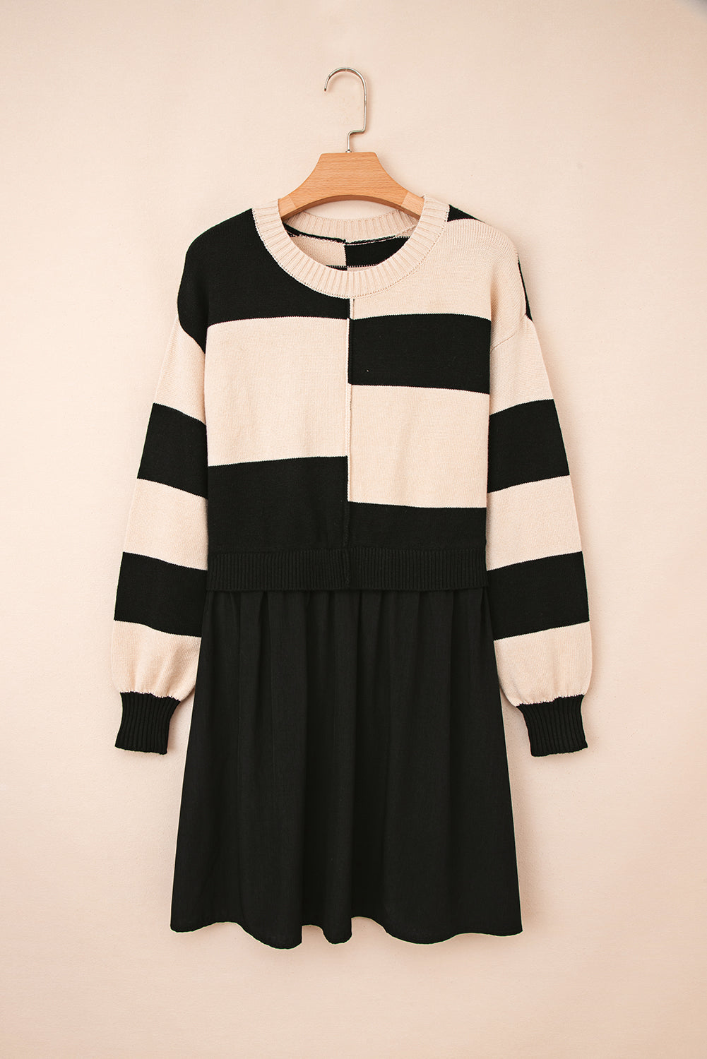 Black Stripe Two in One Knitted Top High Waist Splicing Hem Sweater Dress
