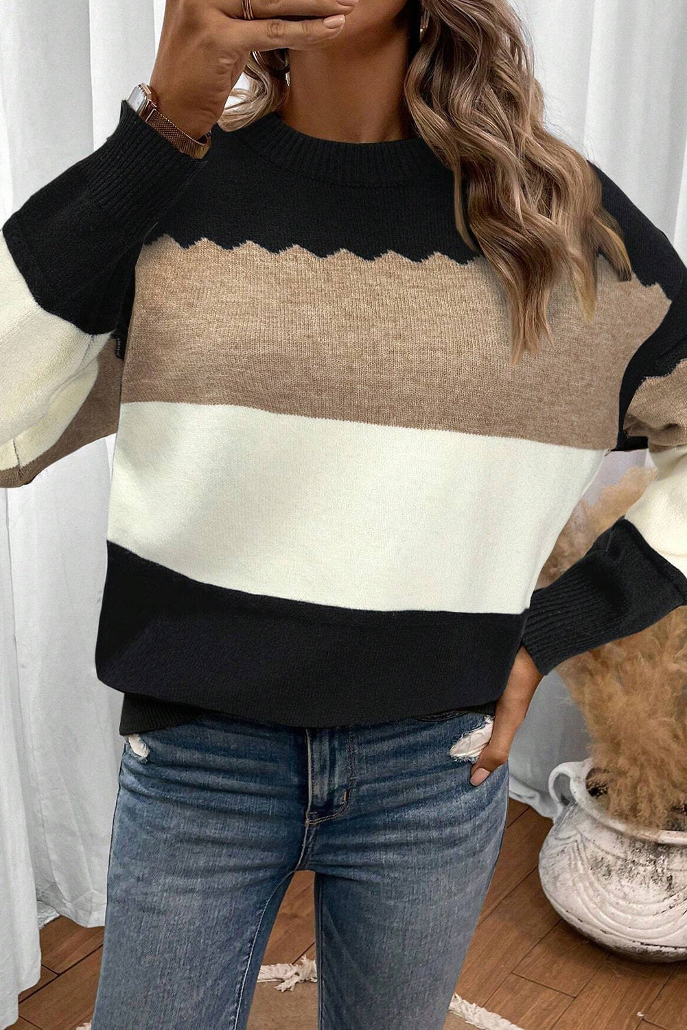 Brown Colorblock Crew Neck Drop Shoulder Sweater