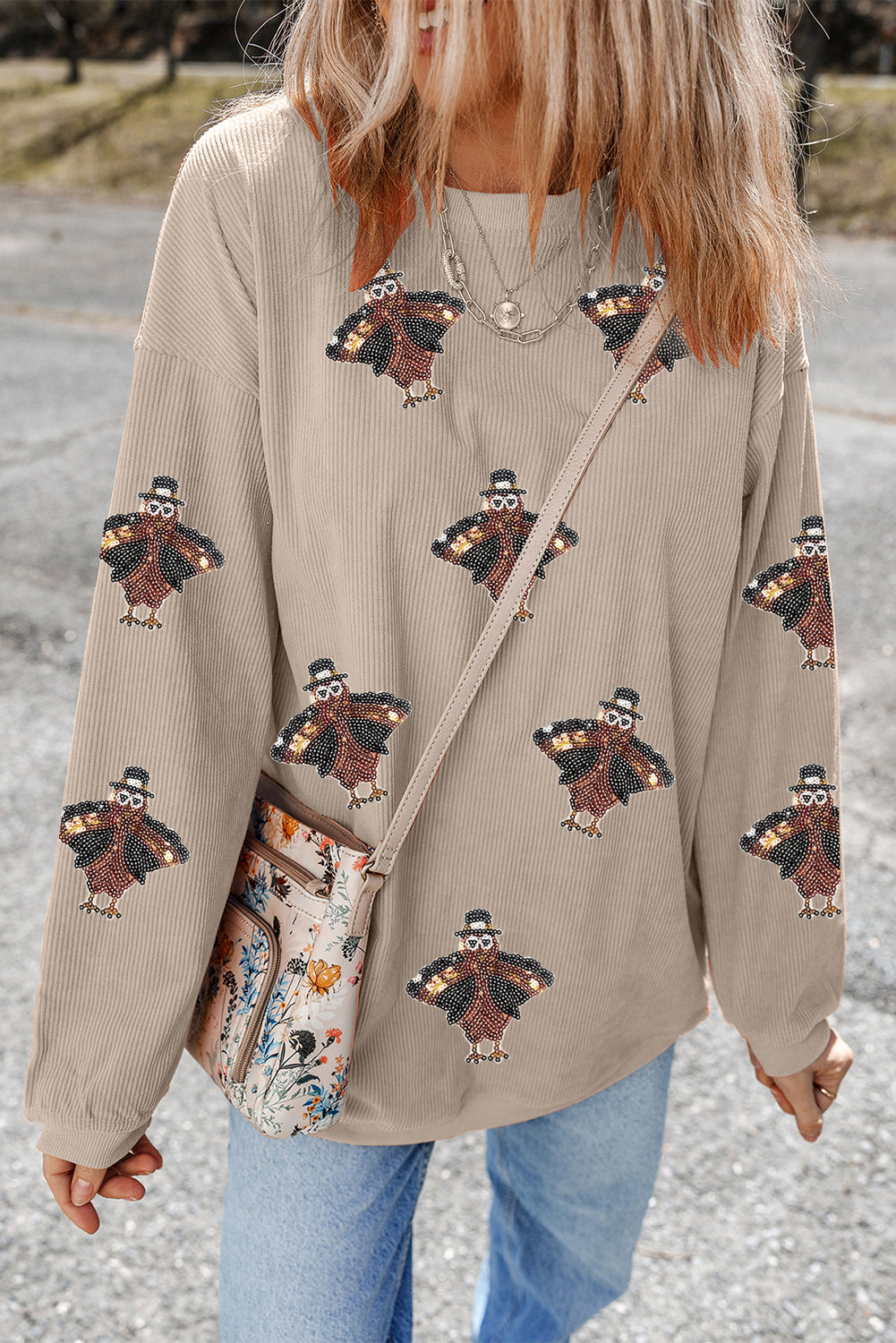Smoke Gray Twisted Ribbed Sequined Thanksgiving Turkey Graphic Baggy Sweatshirt