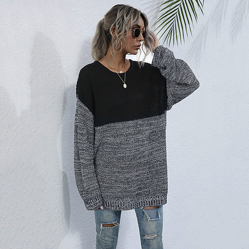 Color Block Round Neck Long Sleeve Knit Sweater Top