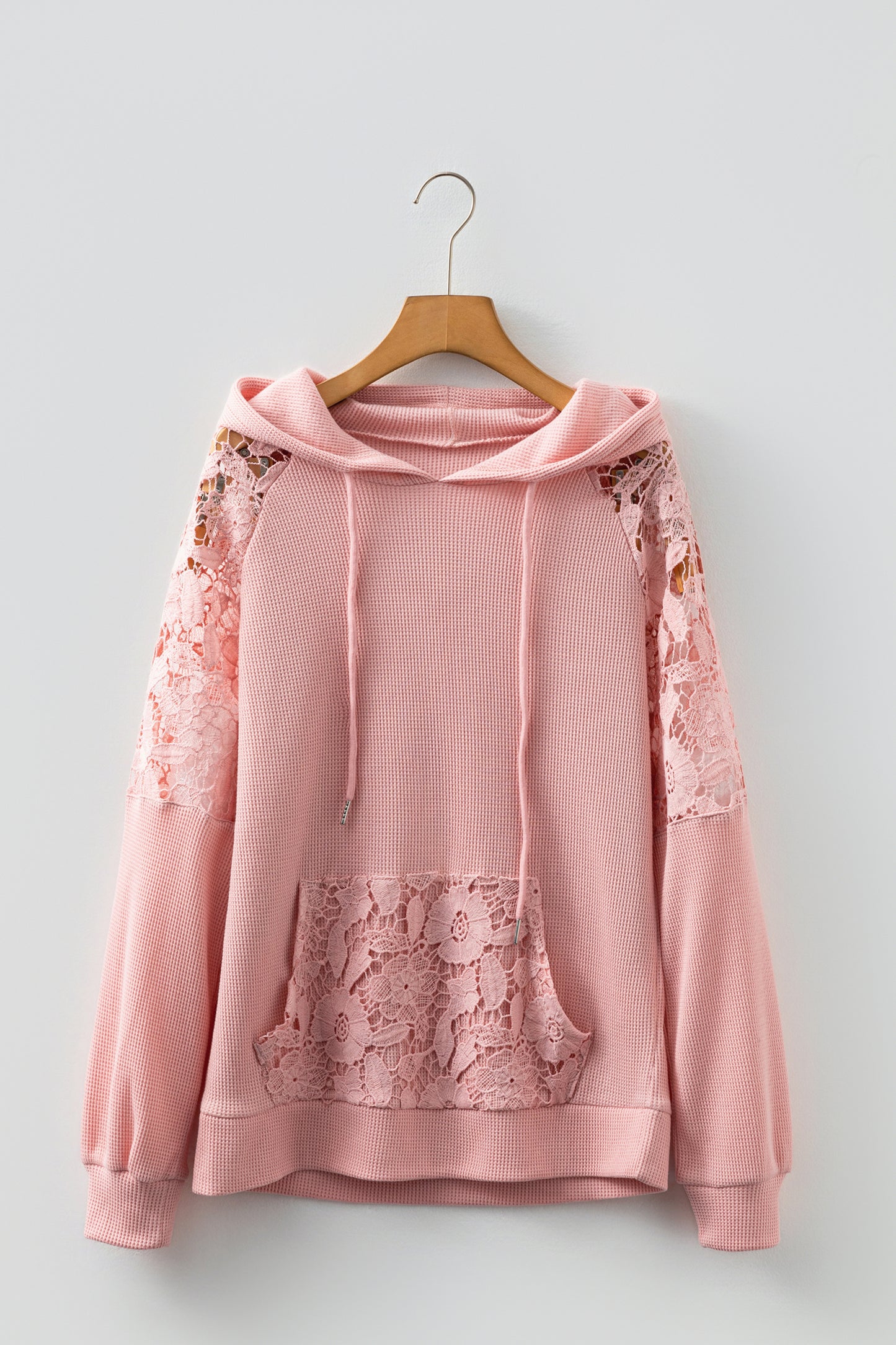 Smoke Green Lace Patchwork Raglan Sleeve Kangaroo Pocket Waffle Hoodie