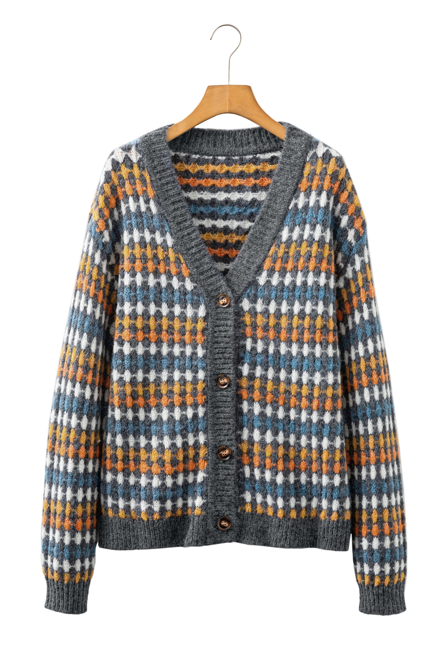 Multicolour Dotty Pattern Knit Button Front V Neck Sweater Cardigan