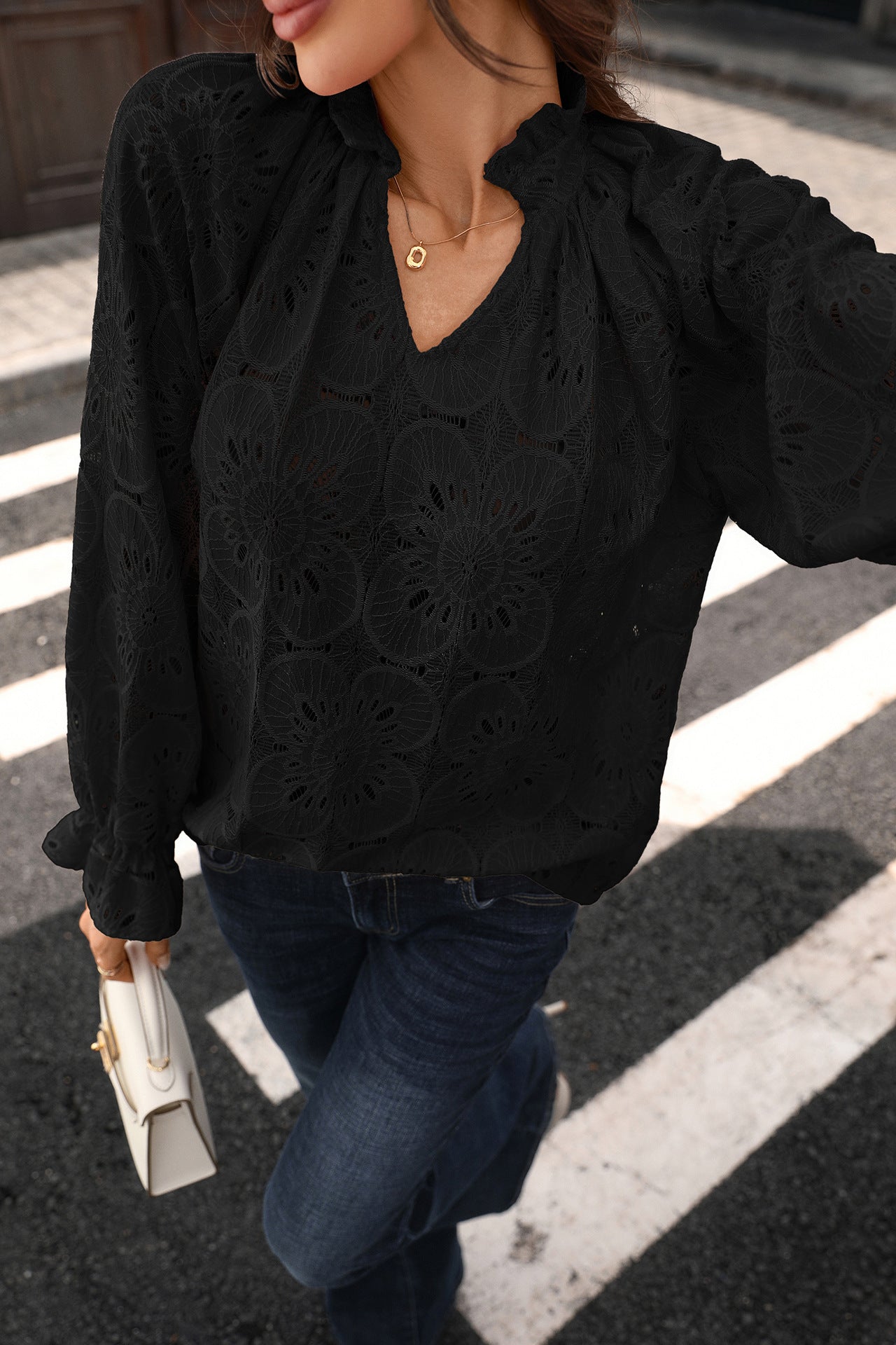 Eyelet Lace V Neck Top Long Sleeve Loose Casual Blouse
