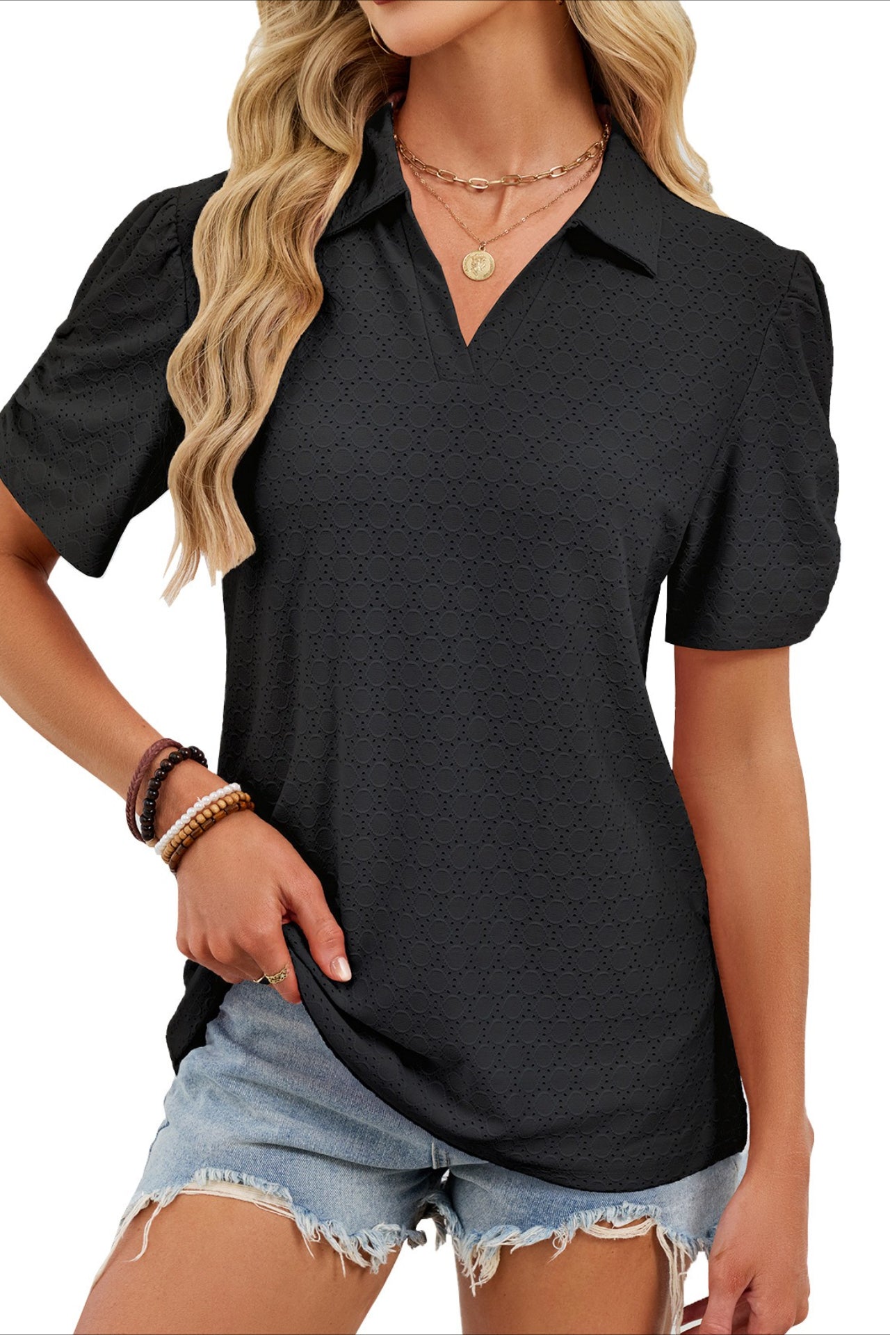 Women's V-Neck Puff Sleeve Polo Shirt Loose Casual Summer Top