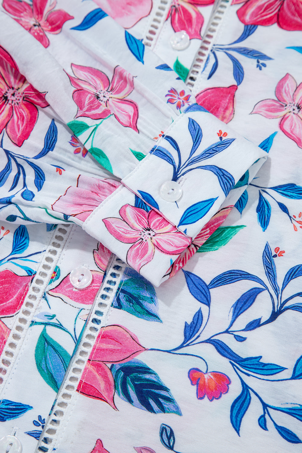 Pink Floral Print Lace Detail Button-up Long Sleeve Shirt