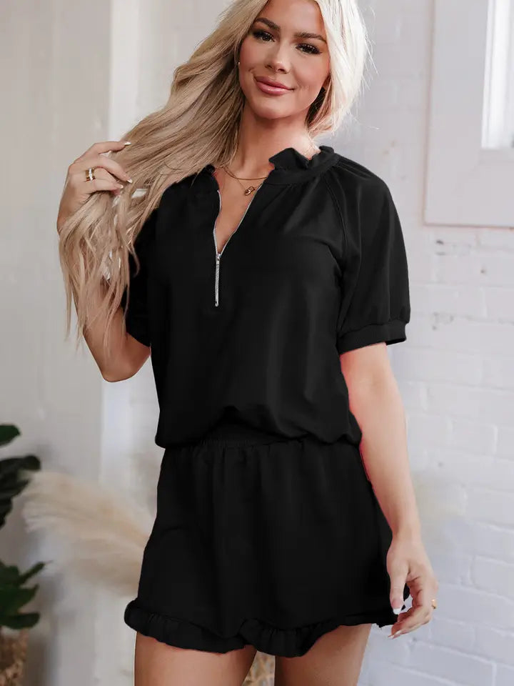 Pink Half Zip Puff Sleeve Top and Ruffled Shorts Set