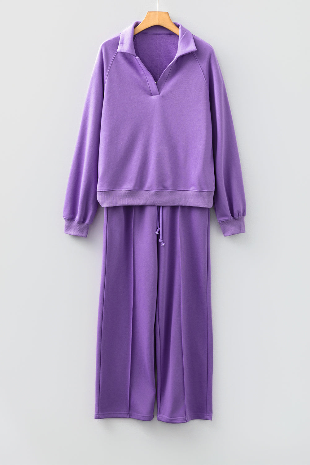 Sachet Pink Solid Color Collared Pullover and Central Seam Pants Set