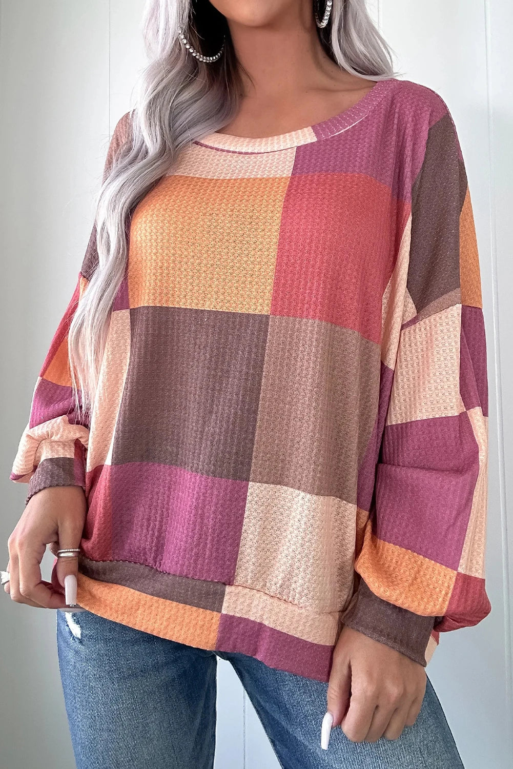 Rose Red Checkered Print Textured Knit Long Sleeve Loose Top