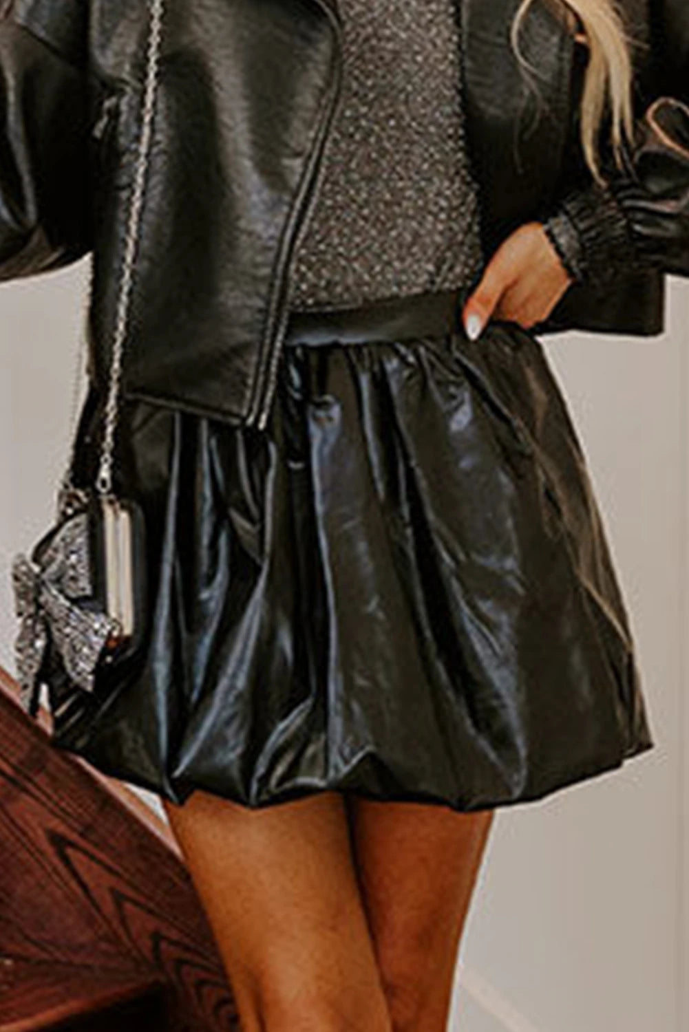 Black Faux Leather High Waist Puffy Mini Skirt