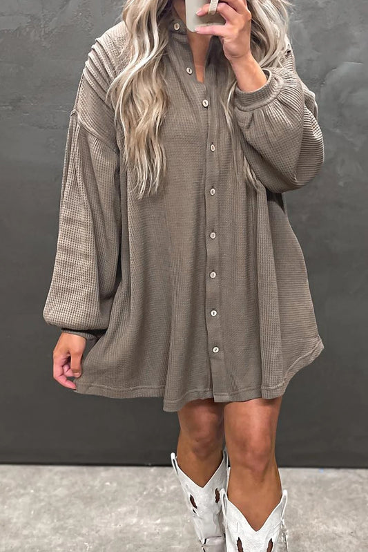 Simply Taupe Waffle Knit Shirt Tunic Dress