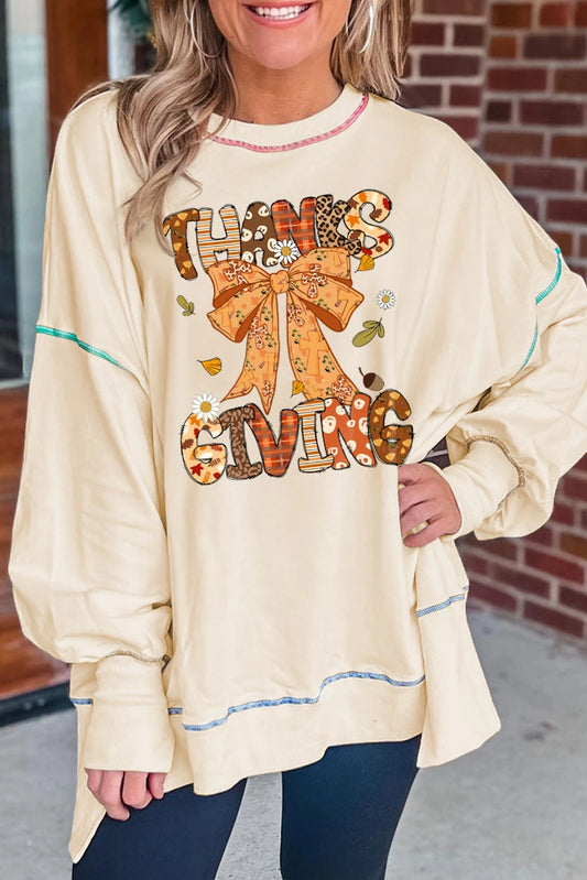 White THANKSGIVING Playful Ribbon Bow Printed Contrast Trim Baggy Sweatshirt