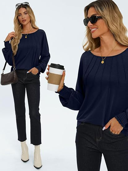 Women's Pleated Crew Neck Lantern Sleeve Oversized Pullover