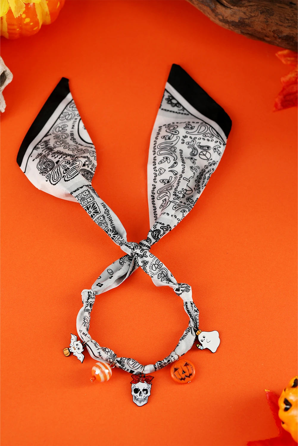 White Boho Printed Knot Scarf Halloween Pumpkin Ghost Charm Necklace