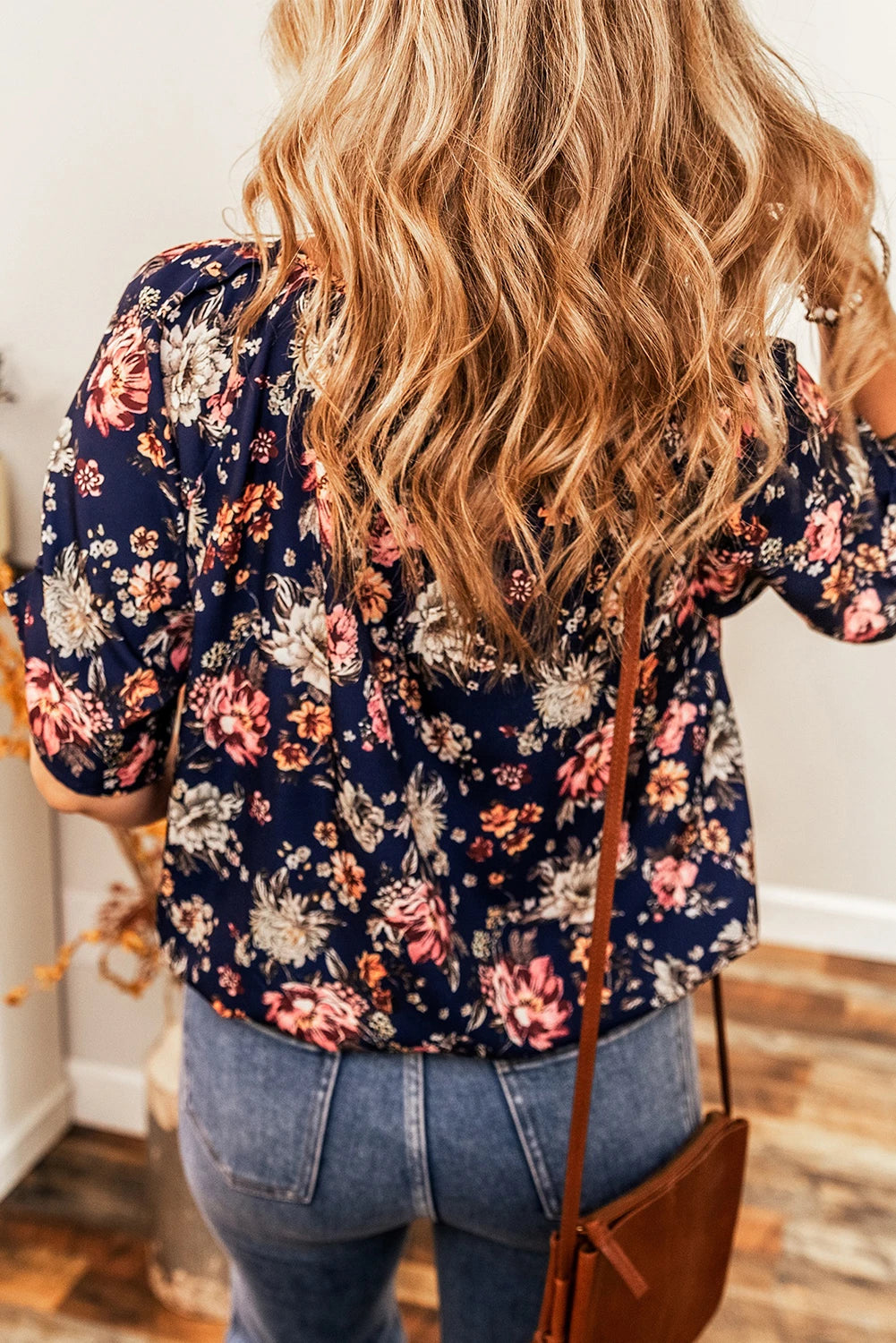 Blue Floral Short Sleeve Scoop Neck Casual Blouse