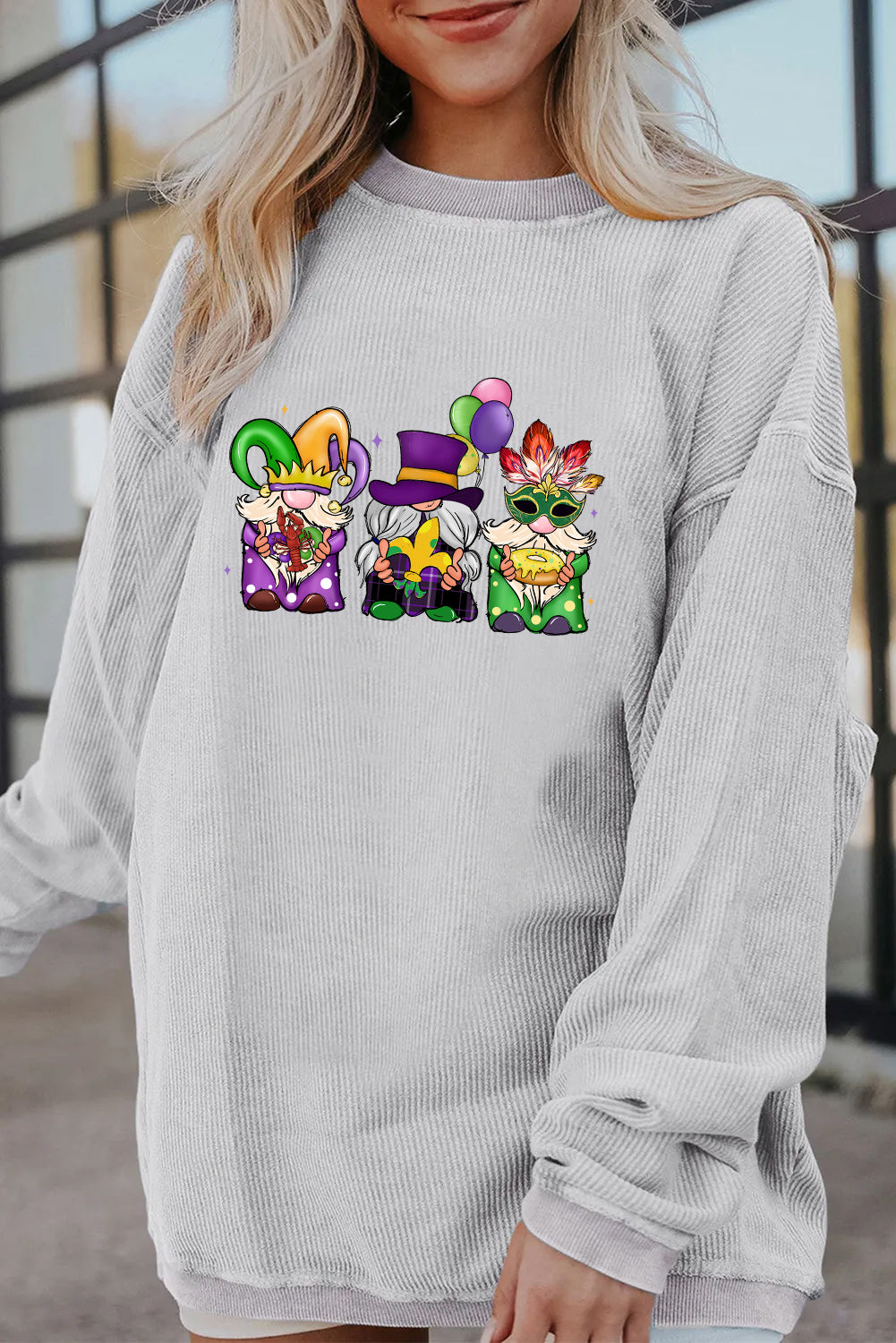 Mardi Gras Trio Gnome Graphic Corded Sweatshirt