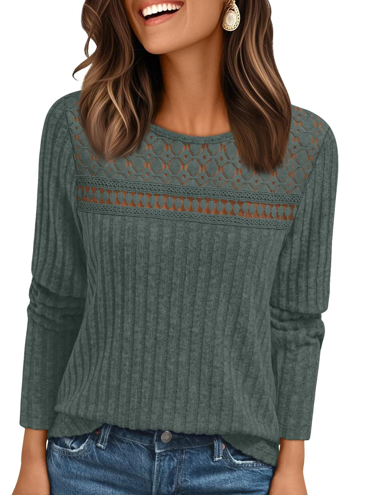 Solid Ribbed Top Casual Lace Long Sleeve Boutique