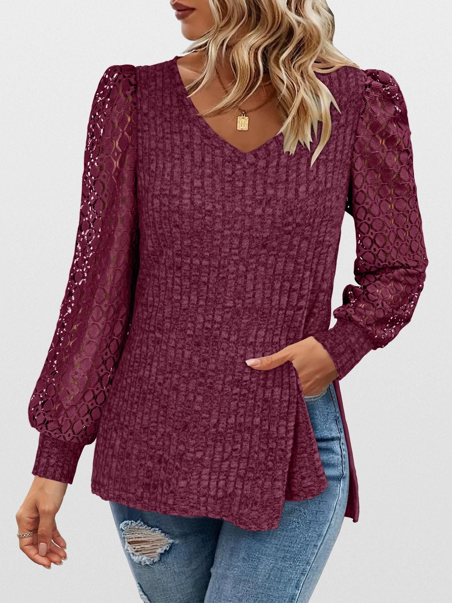 V-Neck Knit Top with Lace Puff Long Sleeves