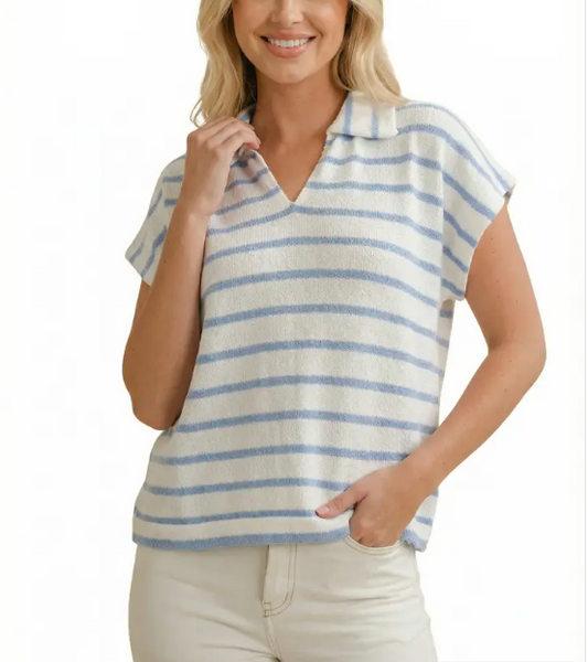 Striped V Neck Casual Knit Top Women Spring Boutique Tee
