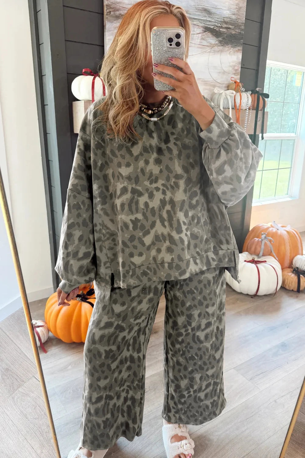 Brown Leopard Print Raw Seam Patchwork Pullover Drawstring Loose Pant Set