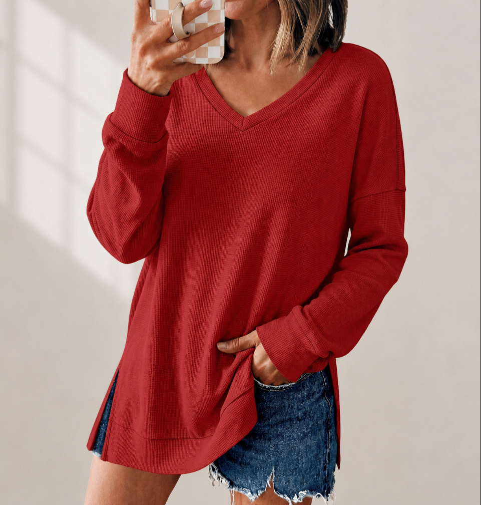 Waffle Knit V Neck Top Relaxed Long Sleeve